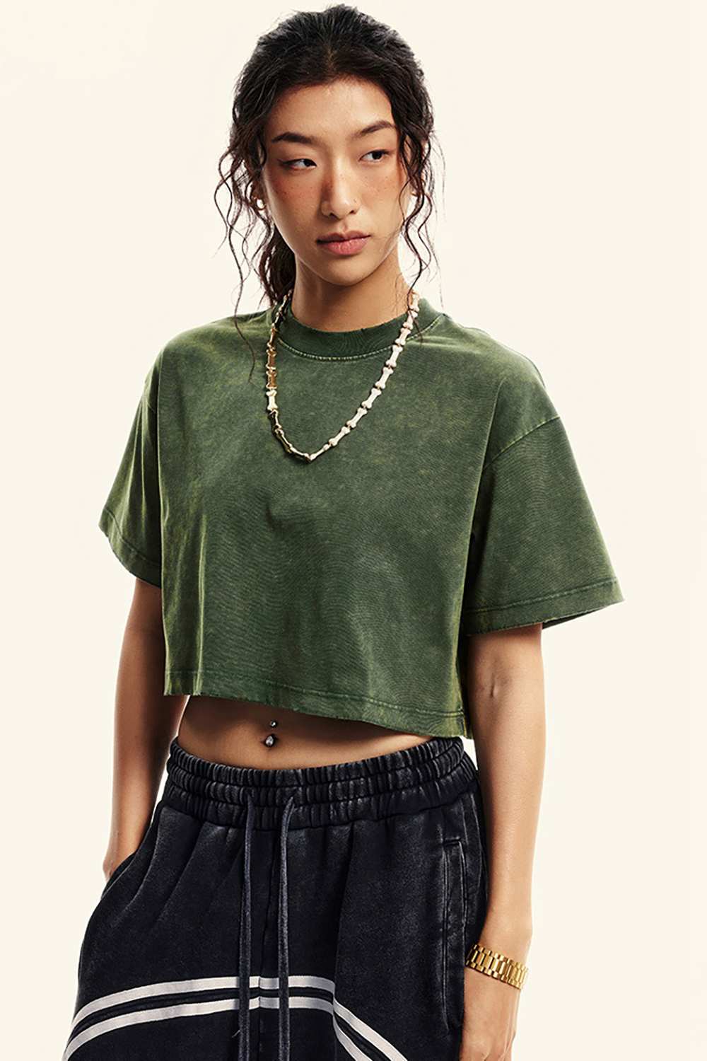 Washed Sorona Relaxed Cropped Crew-Neck T-Shirt in Blackish Green - front modeled close-up