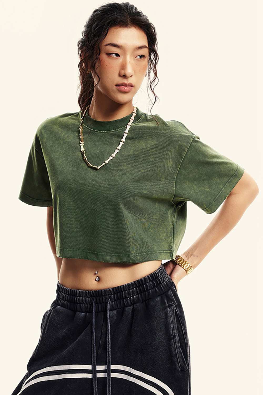 Washed Sorona Relaxed Cropped Crew-Neck T-Shirt in Blackish Green - three-quarter front modeled view