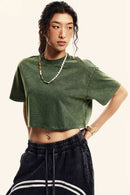 Washed Sorona Relaxed Cropped Crew-Neck T-Shirt in Blackish Green - three-quarter front modeled view