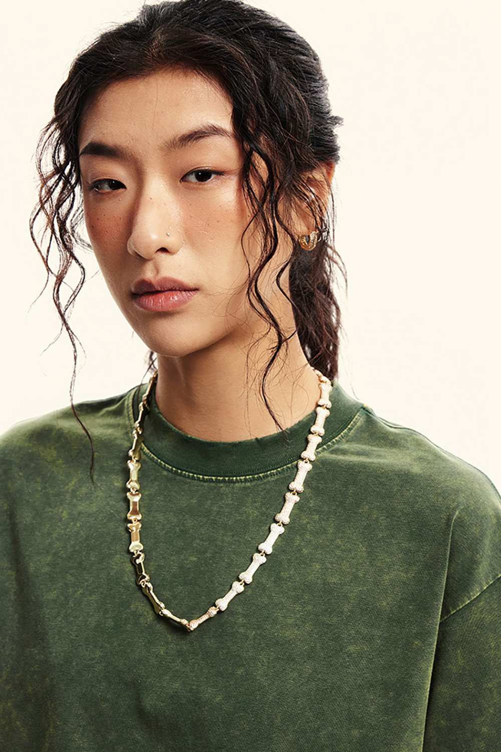 Washed Sorona Relaxed Cropped Crew-Neck T-Shirt in Blackish Green - collar detail