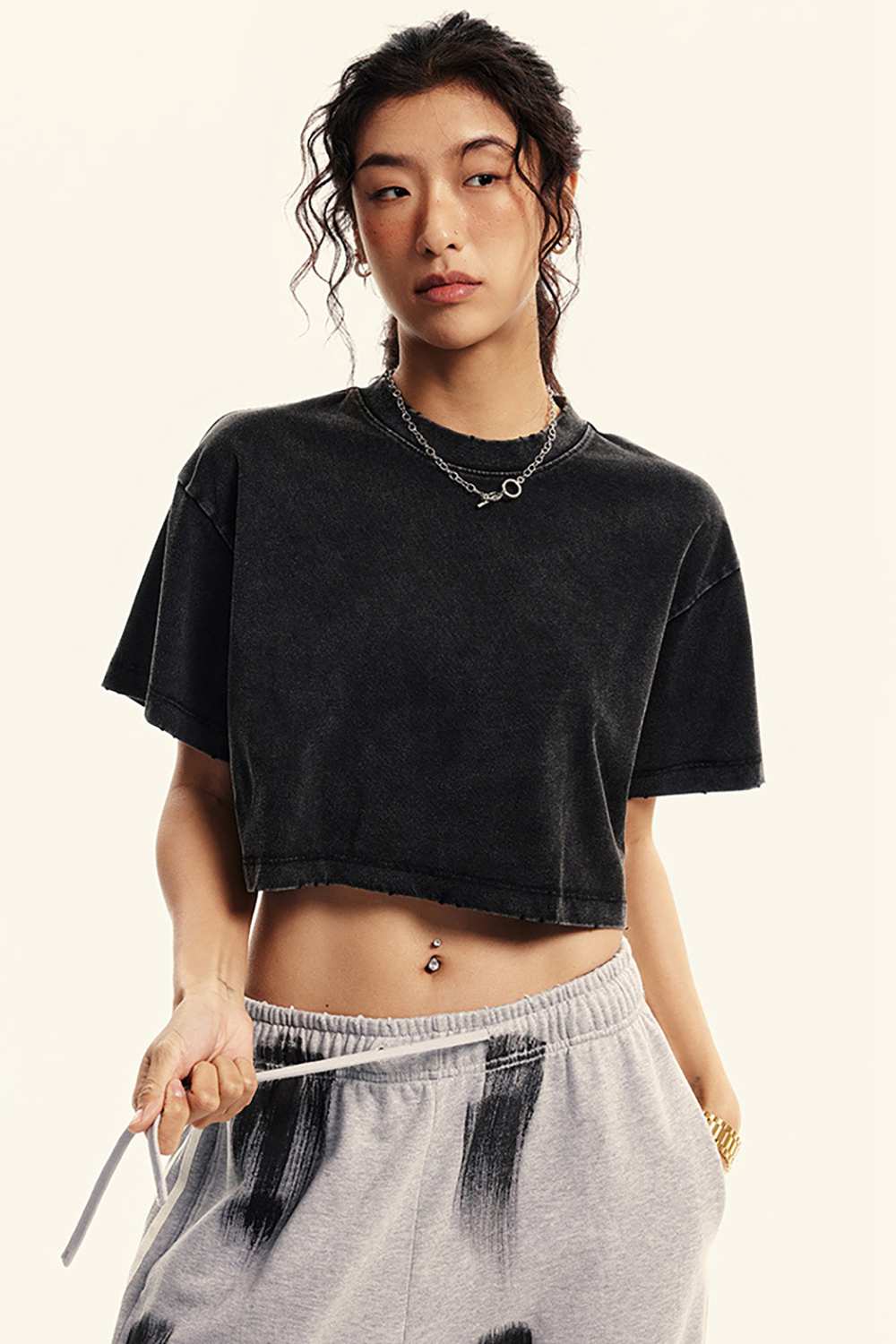 Washed Sorona Relaxed Cropped Crew-Neck T-Shirt in Fried Snowflakes - front modeled view