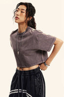 Washed Sorona Relaxed Cropped Crew-Neck T-Shirt in Raspberry Purple - three-quarter front modeled view