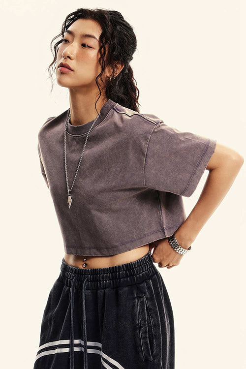 Washed Sorona Relaxed Cropped Crew-Neck T-Shirt in Raspberry Purple - three-quarter front modeled view