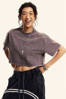 Washed Sorona Relaxed Cropped Crew-Neck T-Shirt in Raspberry Purple - three-quarter front modeled view