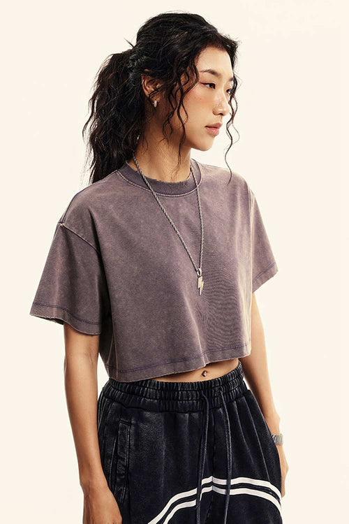 Washed Sorona Relaxed Cropped Crew-Neck T-Shirt in Raspberry Purple - three-quarter front modeled view