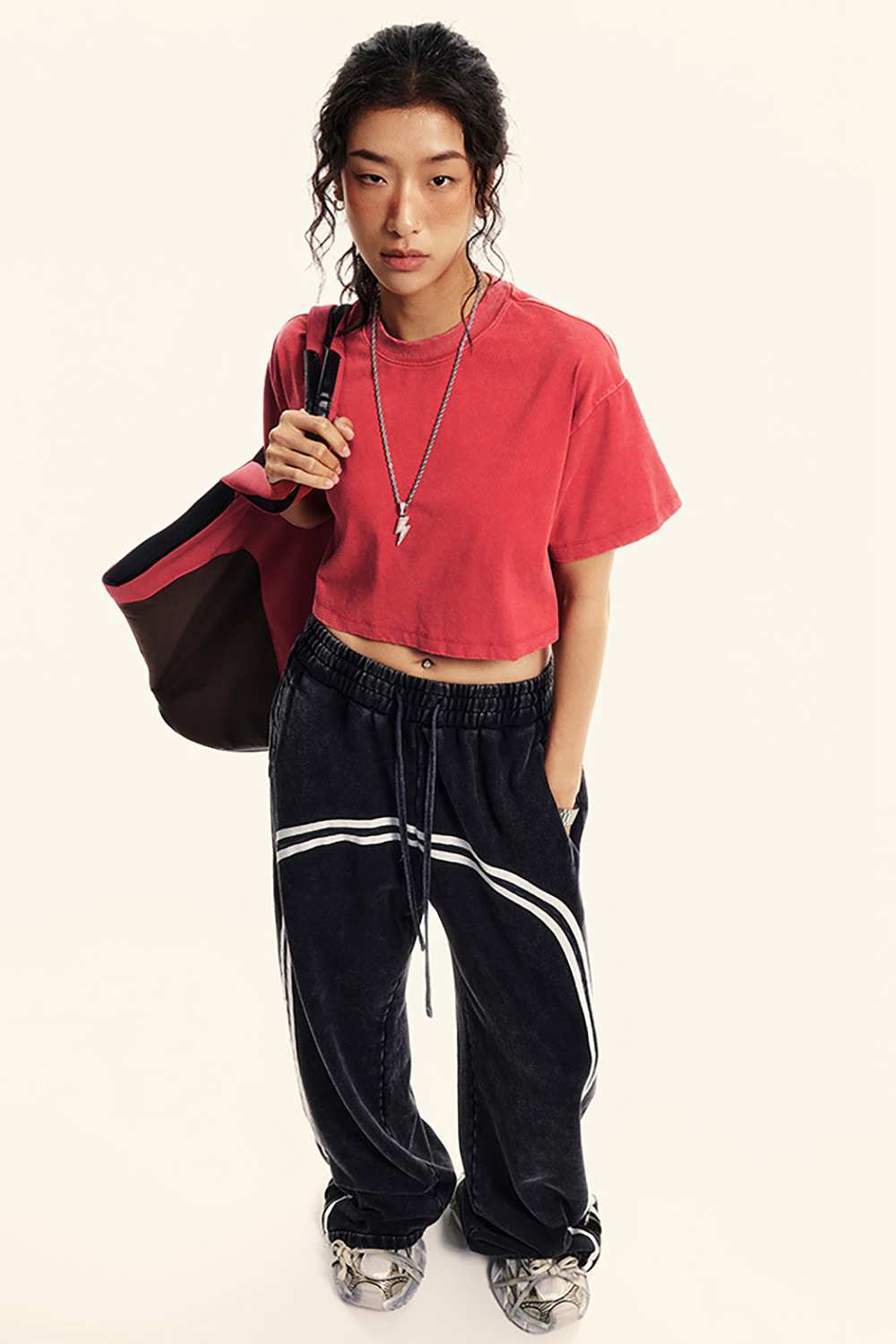 Washed Sorona Relaxed Cropped Crew-Neck T-Shirt in Red - full-length front modeled view