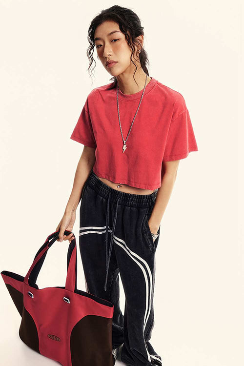 Washed Sorona Relaxed Cropped Crew-Neck T-Shirt in Red - full-length front modeled view