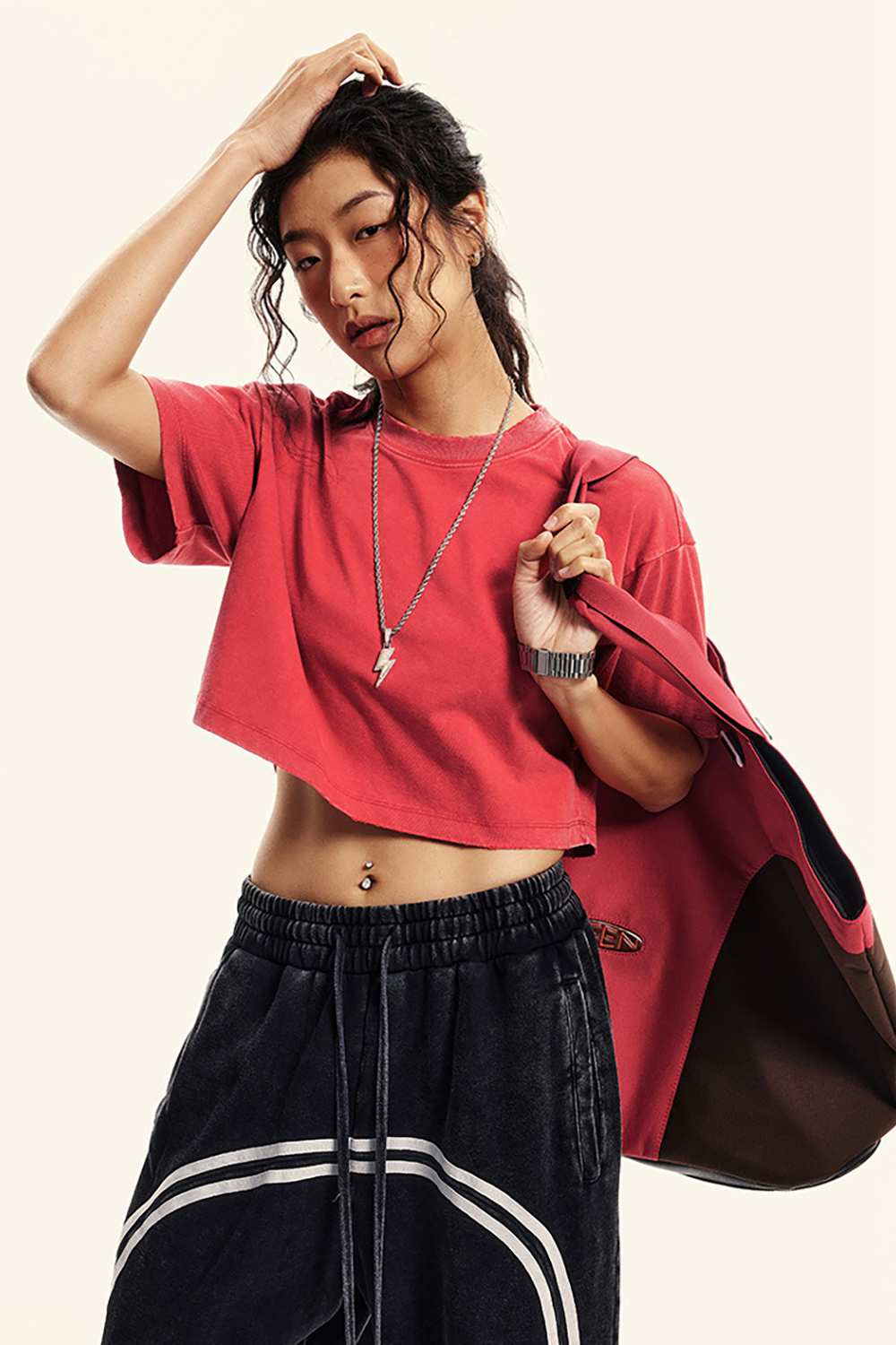 Washed Sorona Relaxed Cropped Crew-Neck T-Shirt in Red - three-quarter front modeled view