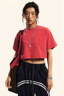 Washed Sorona Relaxed Cropped Crew-Neck T-Shirt in Red - front modeled view