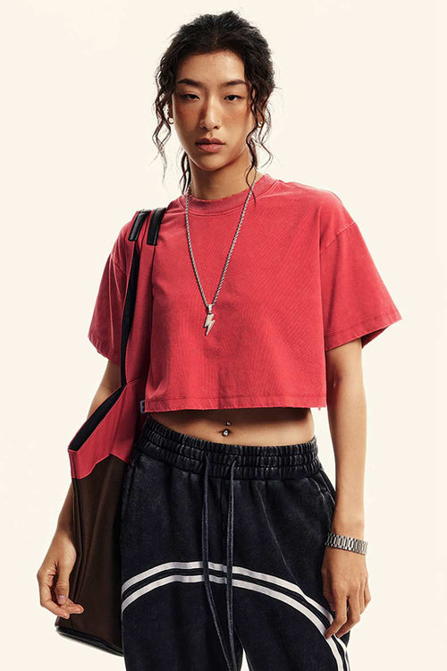 Washed Sorona Relaxed Cropped Crew-Neck T-Shirt in Red - front modeled view