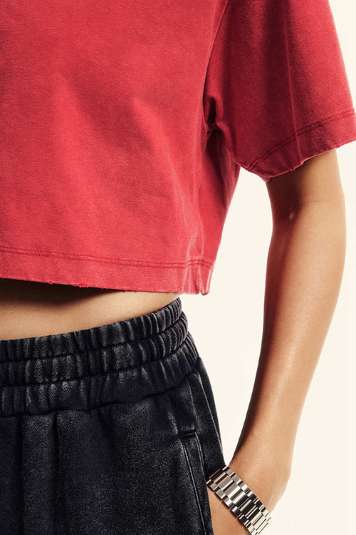 Washed Sorona Relaxed Cropped Crew-Neck T-Shirt in Red - cuff and hem detail