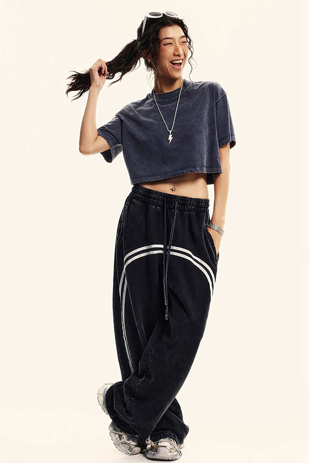 Washed Sorona Relaxed Cropped Crew-Neck T-Shirt in Royal Blue - full-length front modeled view