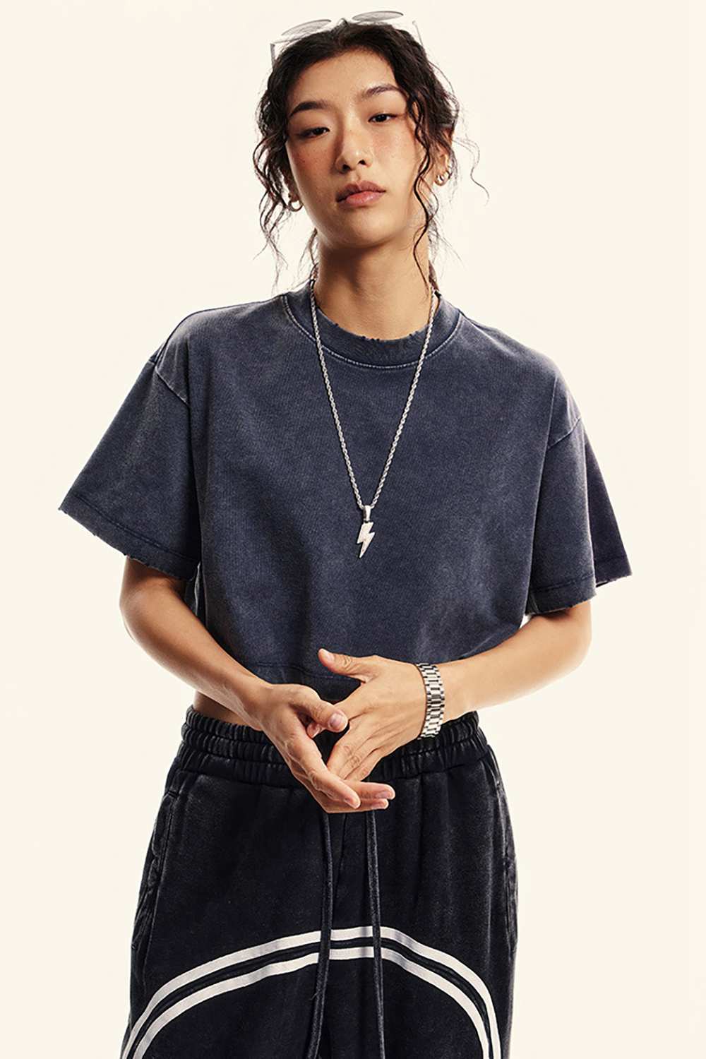 Washed Sorona Relaxed Cropped Crew-Neck T-Shirt in Royal Blue - front modeled view