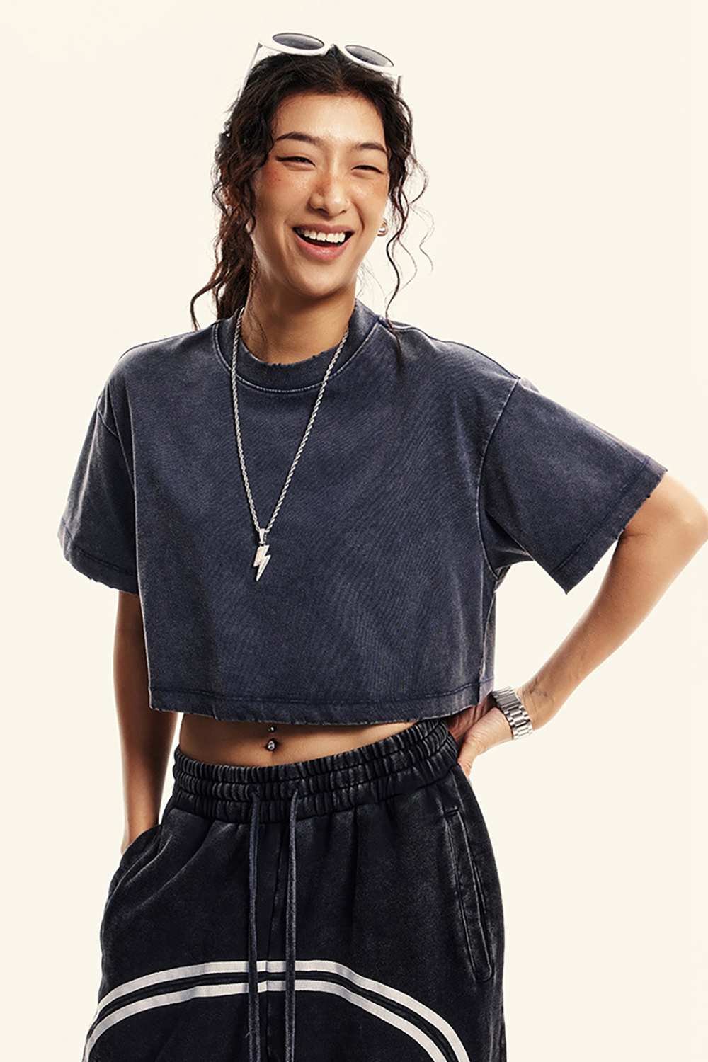 Washed Sorona Relaxed Cropped Crew-Neck T-Shirt in Royal Blue - three-quarter front modeled view