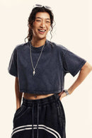 Washed Sorona Relaxed Cropped Crew-Neck T-Shirt in Royal Blue - three-quarter front modeled view