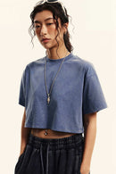 Washed Sorona Relaxed Cropped Crew-Neck T-Shirt in Washed Blue - three-quarter front modeled view