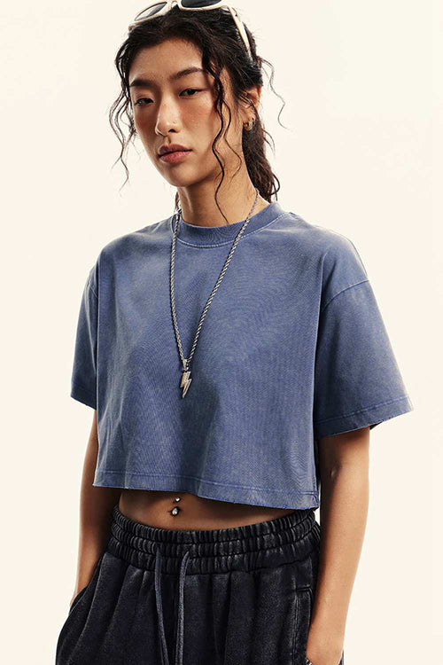 Washed Sorona Relaxed Cropped Crew-Neck T-Shirt in Washed Blue - three-quarter front modeled view