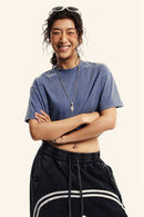 Washed Sorona Relaxed Cropped Crew-Neck T-Shirt in Washed Blue - three-quarter front modeled view