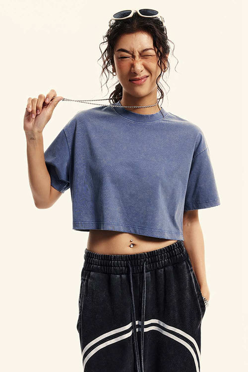Washed Sorona Relaxed Cropped Crew-Neck T-Shirt in Washed Blue - front modeled view