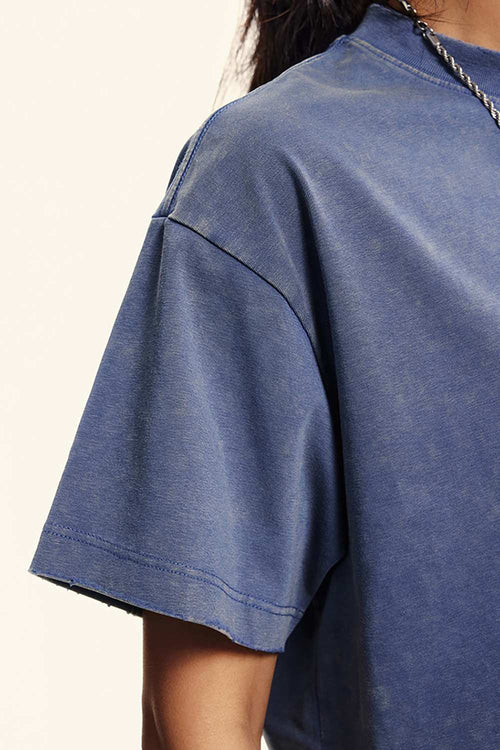 Washed Sorona Relaxed Cropped Crew-Neck T-Shirt in Washed Blue - cuff detail