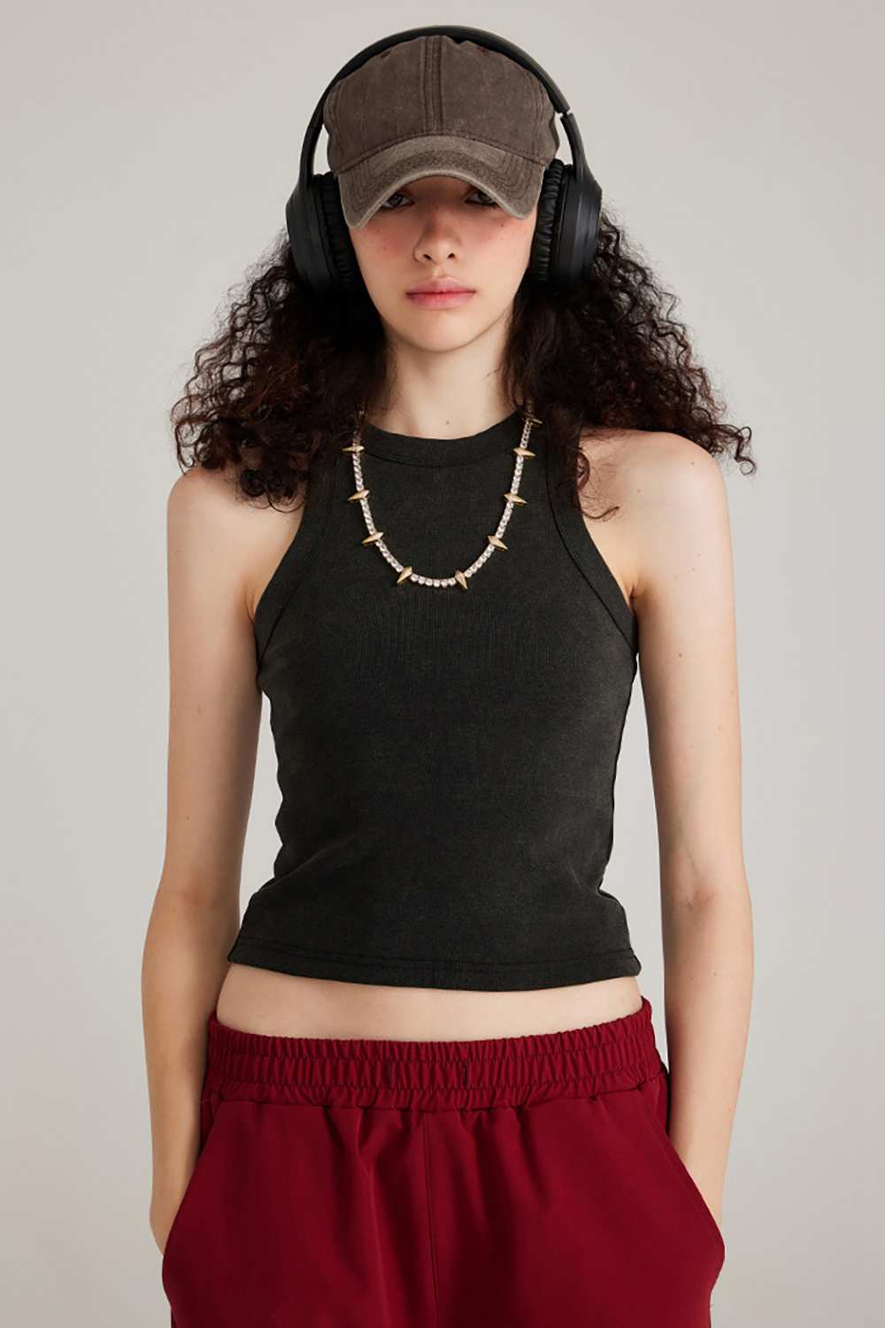 Fitted High-Neck Ribbed Cropped Tank Top in Fried Snowflakes - front modeled close-up