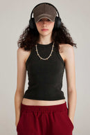 Fitted High-Neck Ribbed Cropped Tank Top in Fried Snowflakes - front modeled close-up