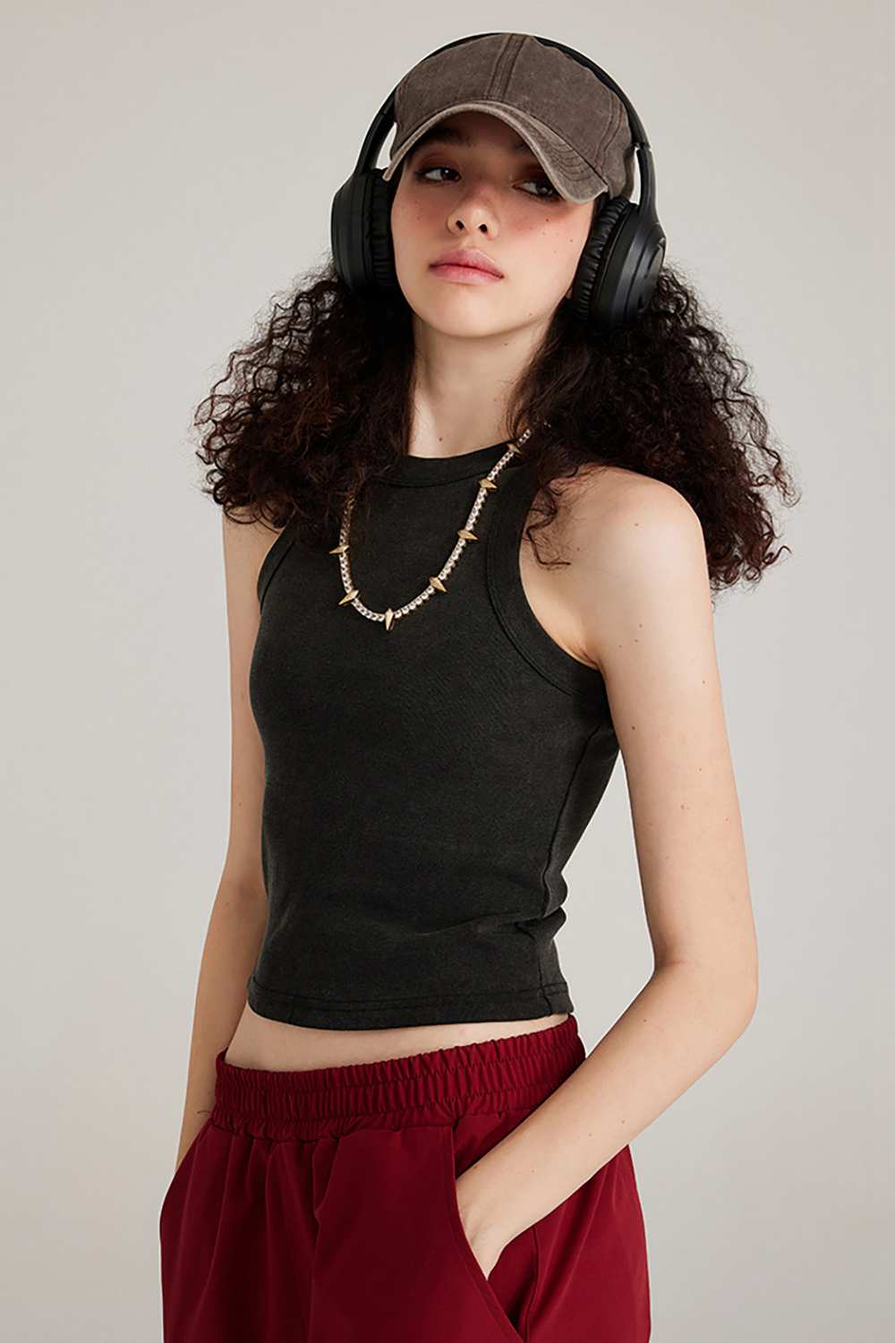 Fitted High-Neck Ribbed Cropped Tank Top in Fried Snowflakes - front modeled view