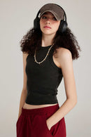 Fitted High-Neck Ribbed Cropped Tank Top in Fried Snowflakes - front modeled view