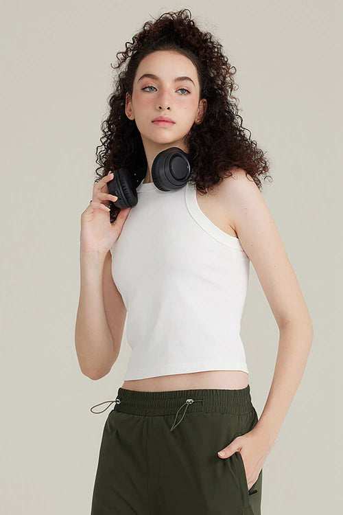 Fitted High-Neck Ribbed Cropped Tank Top in White - three-quarter front modeled view