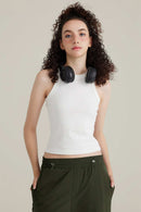 Fitted High-Neck Ribbed Cropped Tank Top in White - front modeled close-up