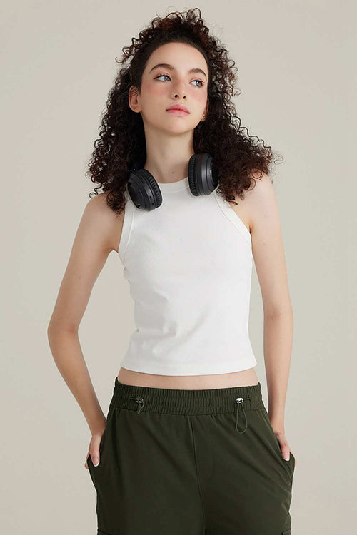 Fitted High-Neck Ribbed Cropped Tank Top in White - front modeled close-up