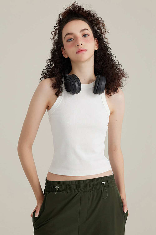 Fitted High-Neck Ribbed Cropped Tank Top in White - product detail close-up