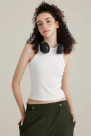 Fitted High-Neck Ribbed Cropped Tank Top in White - front modeled close-up