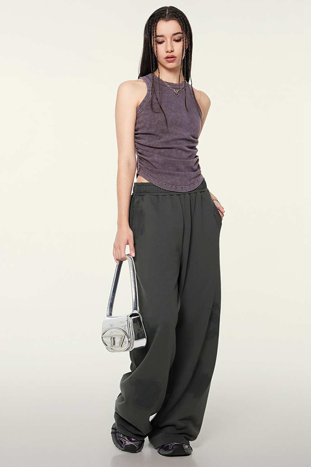 Cotton-Stretch Ruched High-Neck Cropped Tank in Chocolate - full-length front modeled view
