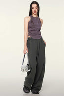 Cotton-Stretch Ruched High-Neck Cropped Tank in Chocolate - full-length front modeled view