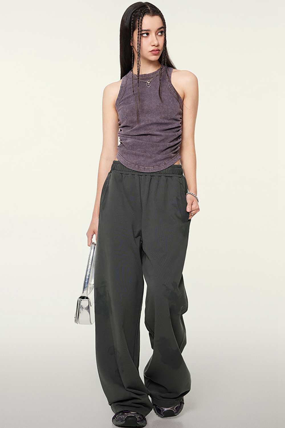Cotton-Stretch Ruched High-Neck Cropped Tank in Chocolate - full-length front modeled view