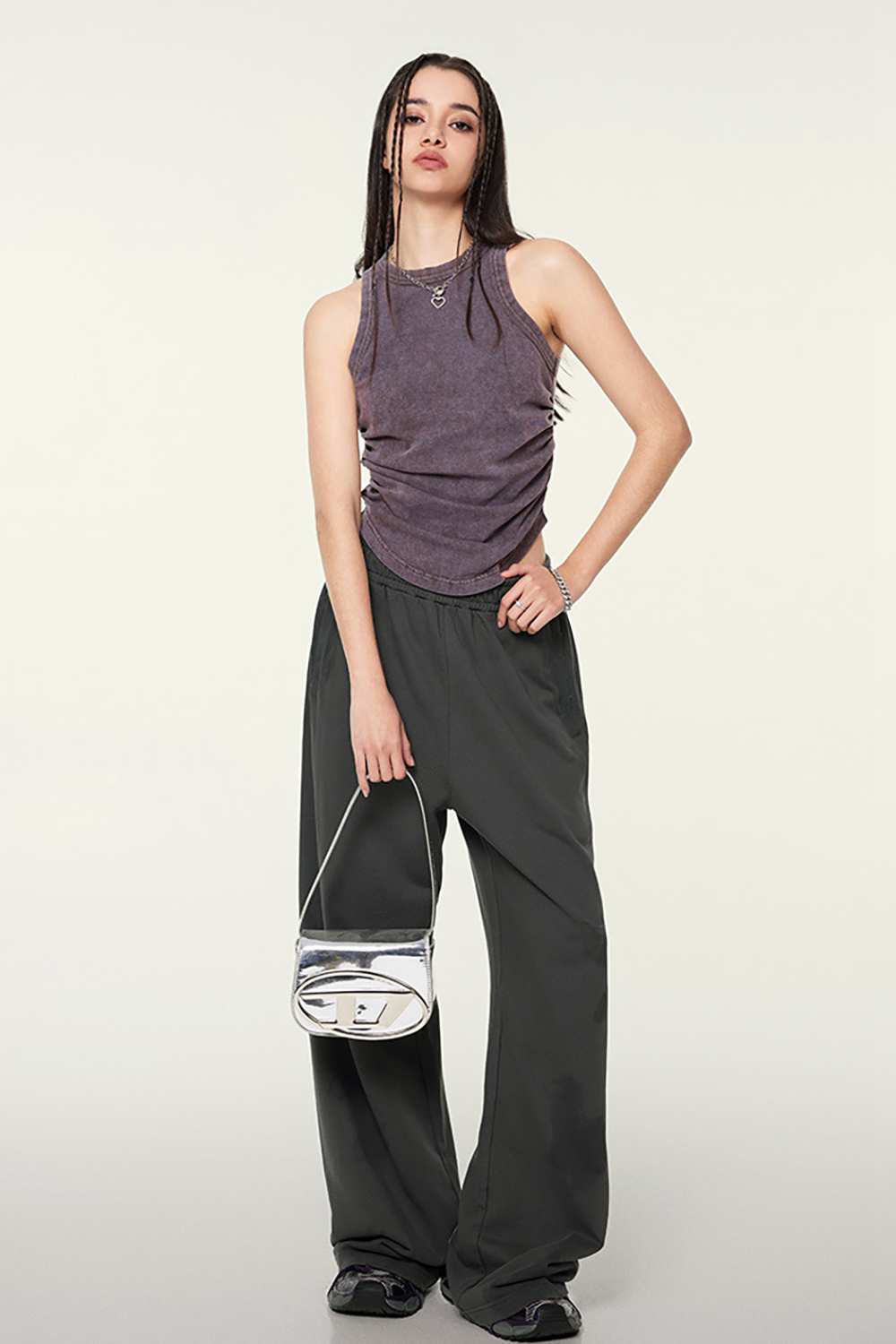 Cotton-Stretch Ruched High-Neck Cropped Tank in Chocolate - full-length front modeled view