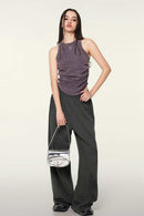 Cotton-Stretch Ruched High-Neck Cropped Tank in Chocolate - full-length front modeled view
