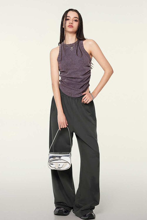 Cotton-Stretch Ruched High-Neck Cropped Tank in Chocolate - full-length front modeled view