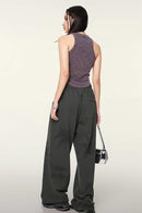 Cotton-Stretch Ruched High-Neck Cropped Tank in Chocolate - full-length back modeled view