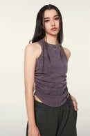 Cotton-Stretch Ruched High-Neck Cropped Tank in Chocolate - front modeled view