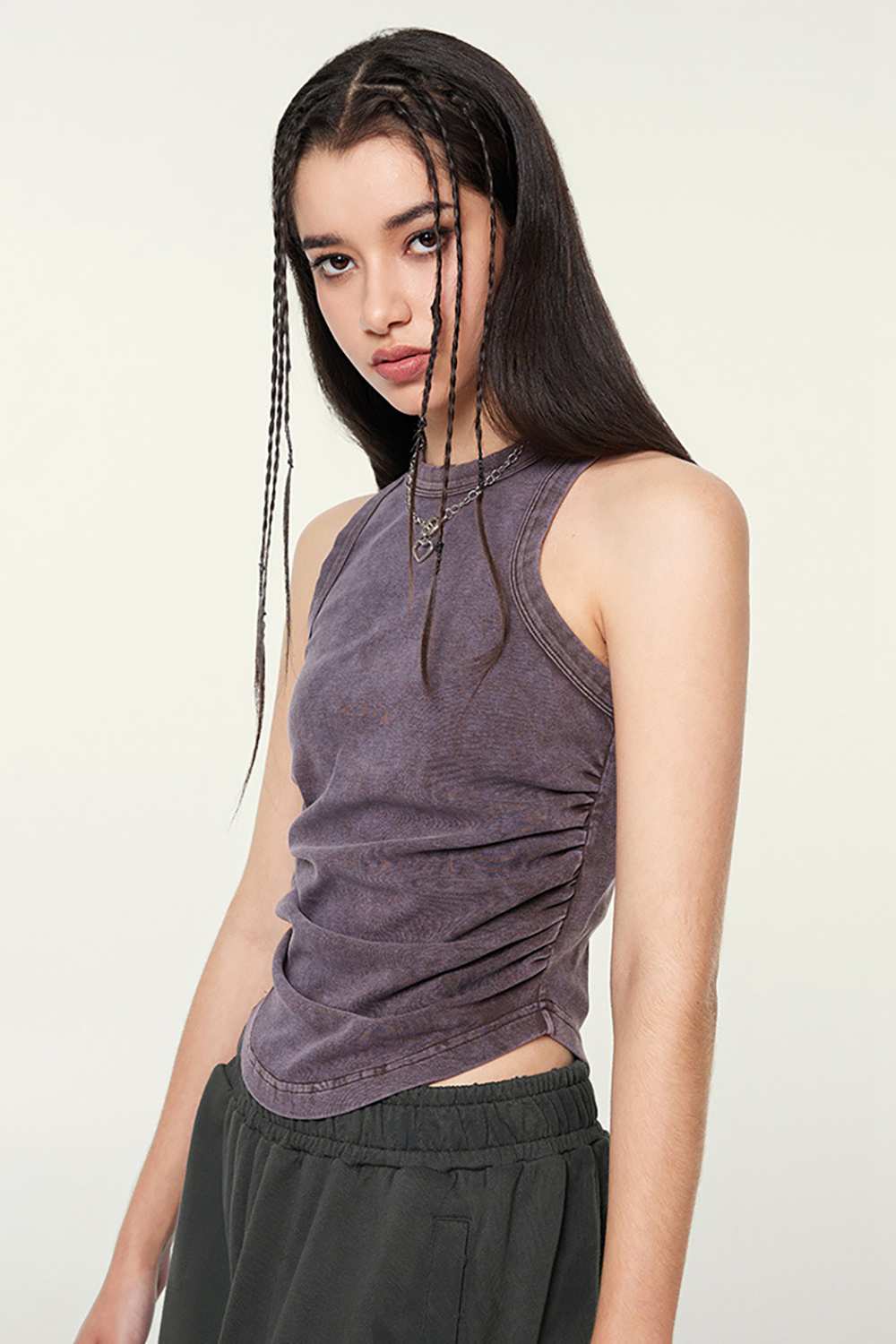 Cotton-Stretch Ruched High-Neck Cropped Tank in Chocolate - front modeled view
