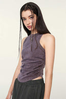 Cotton-Stretch Ruched High-Neck Cropped Tank in Chocolate - front modeled view