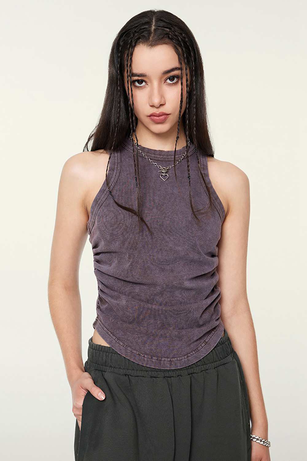 Cotton-Stretch Ruched High-Neck Cropped Tank in Chocolate - front modeled close-up
