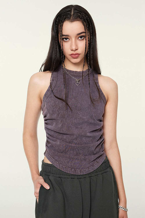Cotton-Stretch Ruched High-Neck Cropped Tank in Chocolate - front modeled close-up