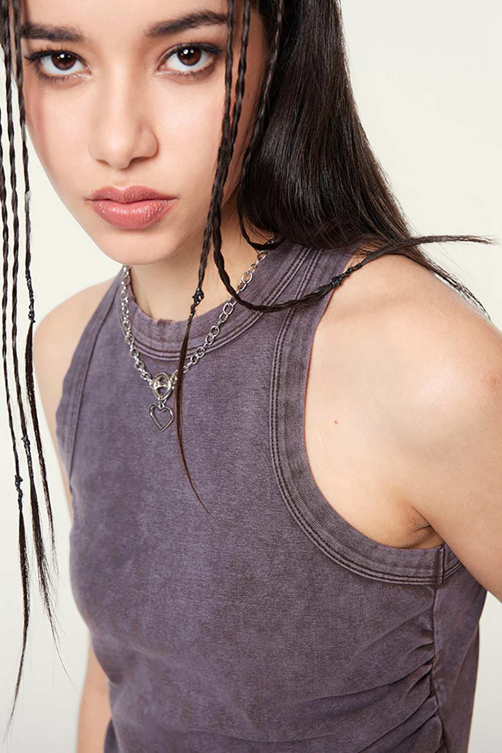 Cotton-Stretch Ruched High-Neck Cropped Tank in Chocolate - front modeled view