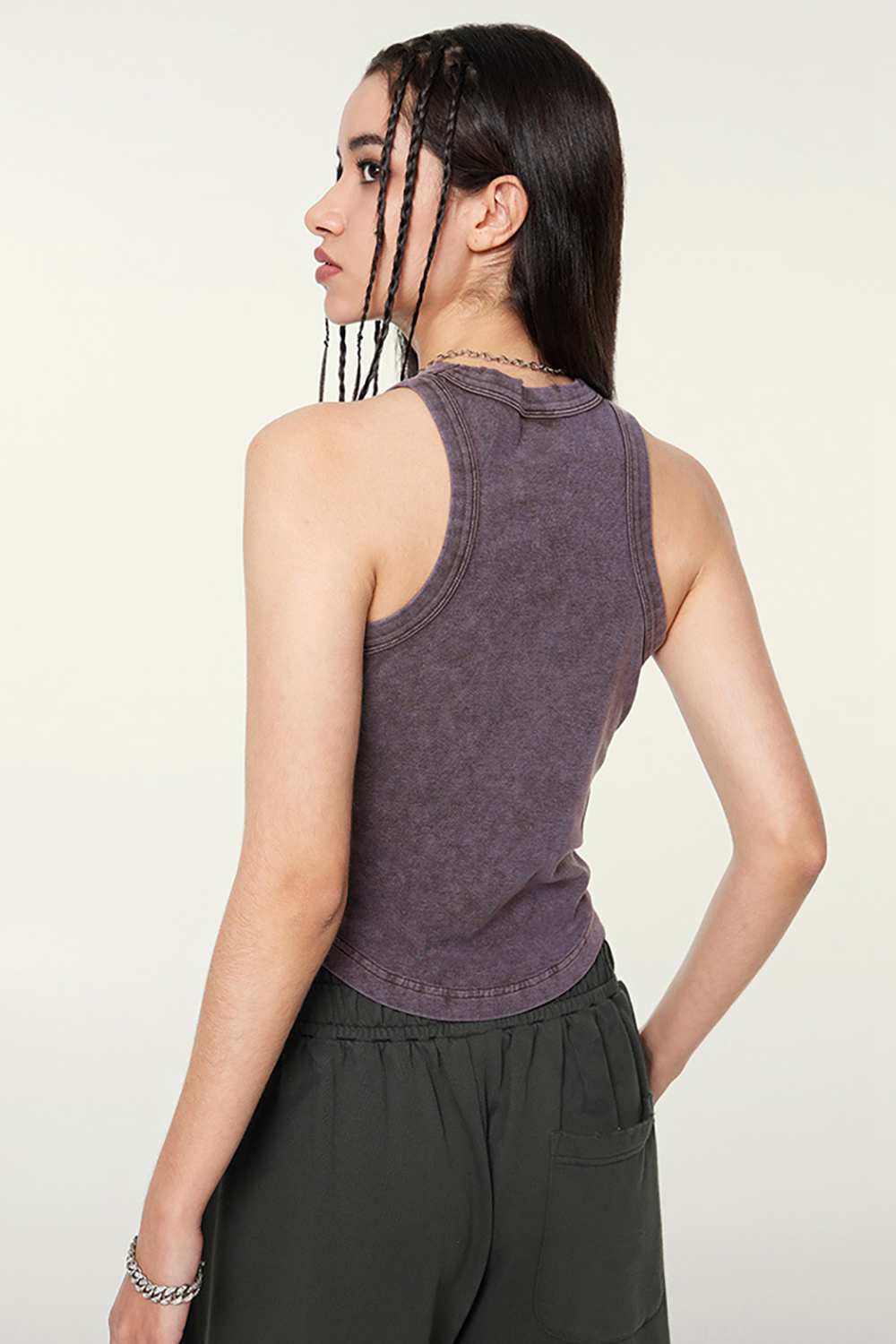 Cotton-Stretch Ruched High-Neck Cropped Tank in Chocolate - front modeled view