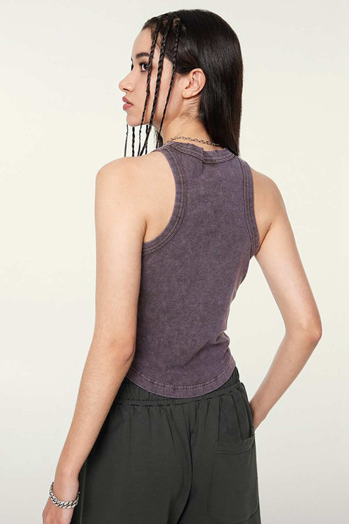Cotton-Stretch Ruched High-Neck Cropped Tank in Chocolate - front modeled view