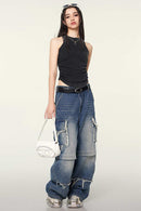Cotton-Stretch Ruched High-Neck Cropped Tank in Fried Snowflakes - front modeled view
