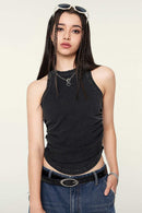 Cotton-Stretch Ruched High-Neck Cropped Tank in Fried Snowflakes - front modeled view